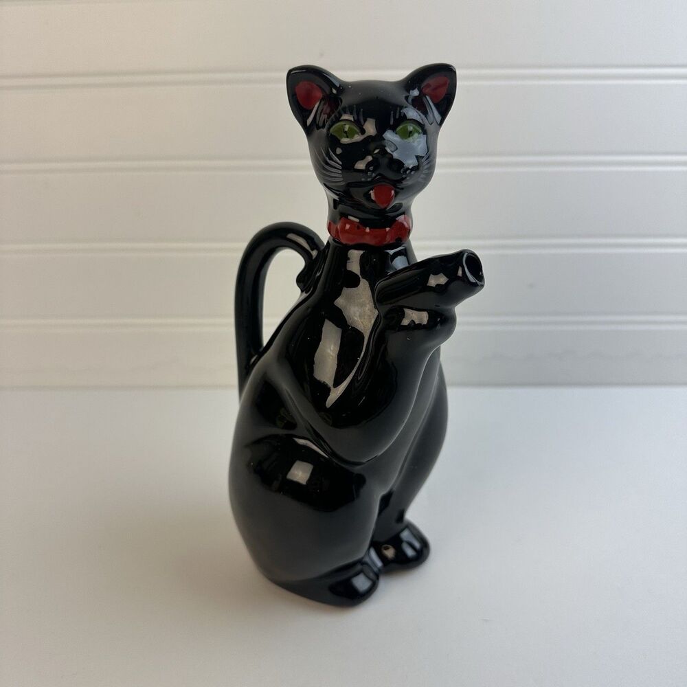 Ceramic Black Cat Redware Cruet Decanter Bottle Kitschy Hand Painted 1950s Japan